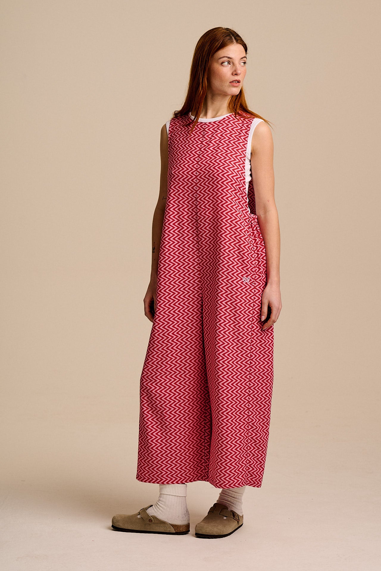 Tilda - Cotton & Viscose Wide Leg Jumpsuit in Pink Zig Zag