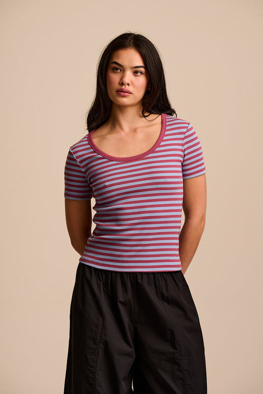 Vita - Ribbed Cotton Scoop Neck Short Sleeve T-Shirt in Blue & Burgundy Stripe