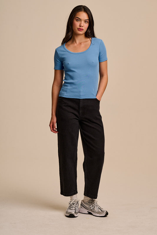 Vita - Ribbed Cotton Scoop Neck Short Sleeve T-Shirt in Light Blue