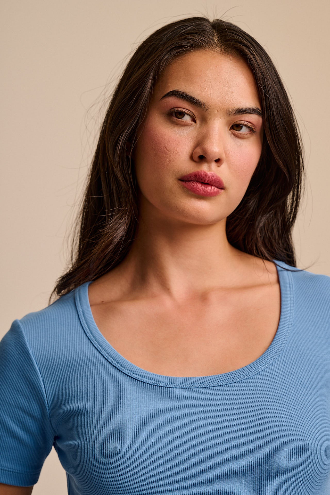Vita - Ribbed Cotton Scoop Neck Short Sleeve T-Shirt in Light Blue
