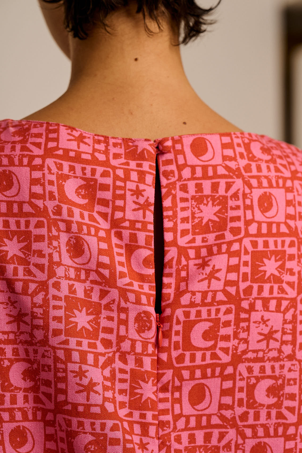 Zadie - Cotton Playsuit in Pink & Red Lunar Checkerboard