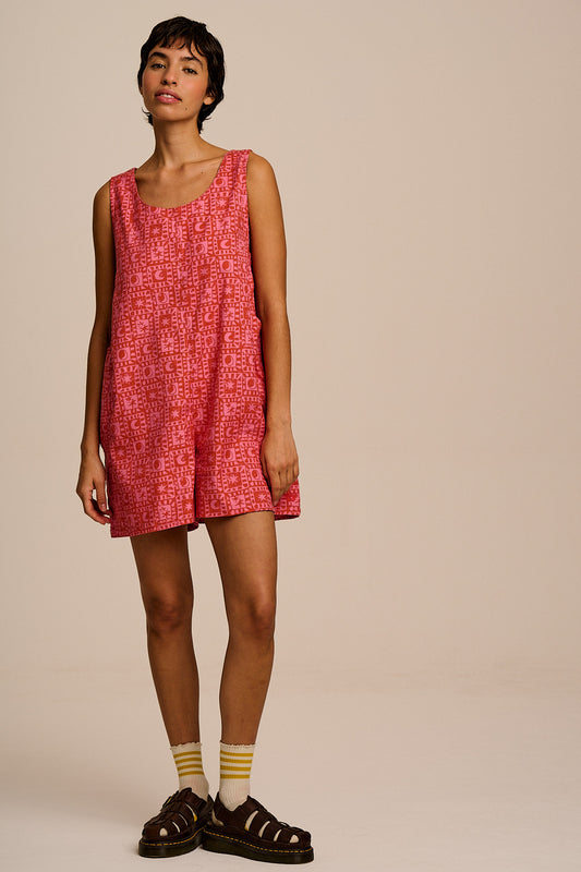 Zadie - Cotton Playsuit in Pink & Red Lunar Checkerboard