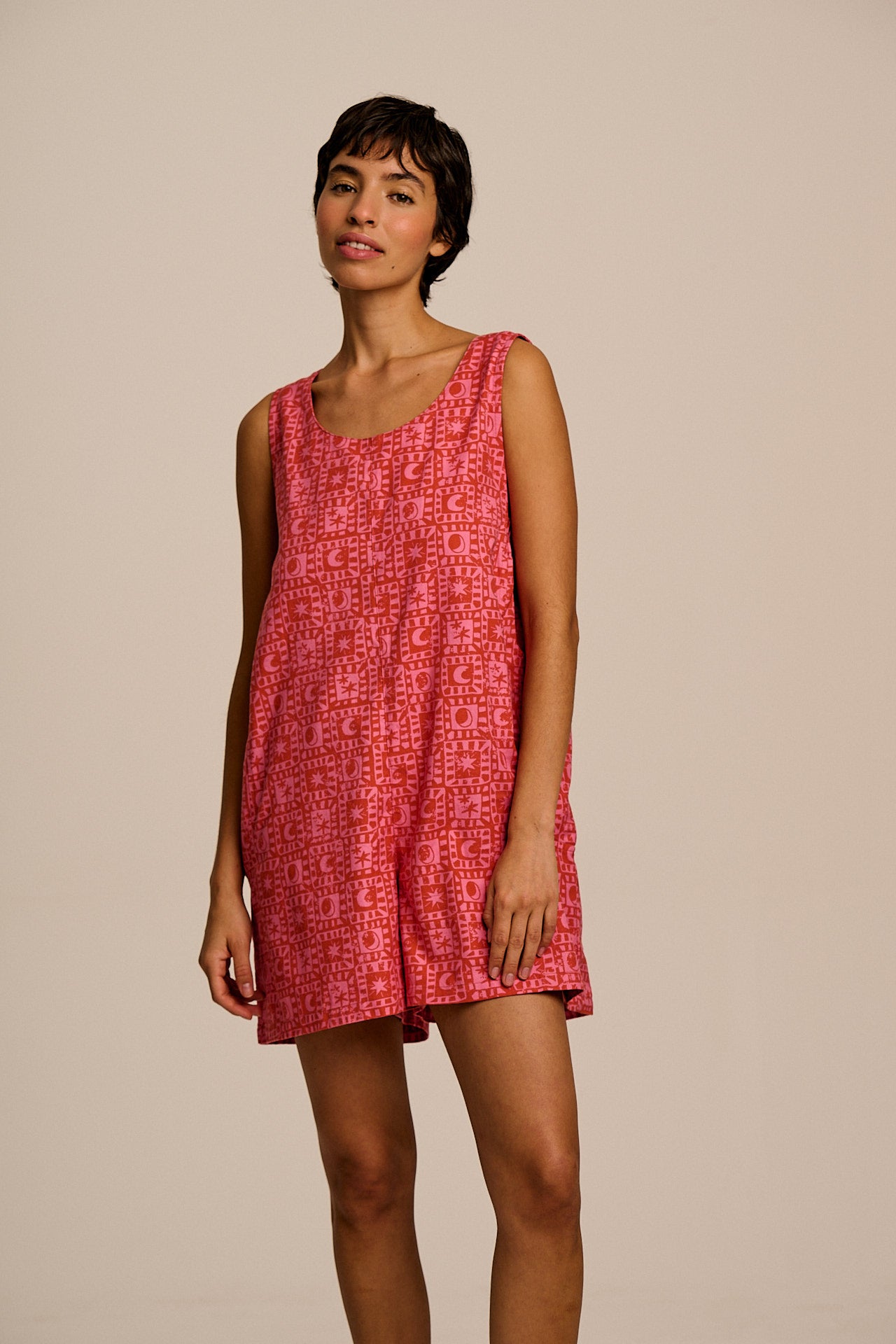 Zadie - Cotton Playsuit in Pink & Red Lunar Checkerboard