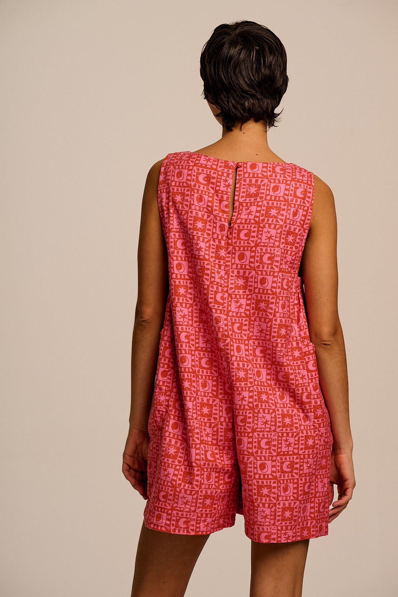 Zadie - Cotton Playsuit in Pink & Red Lunar Checkerboard