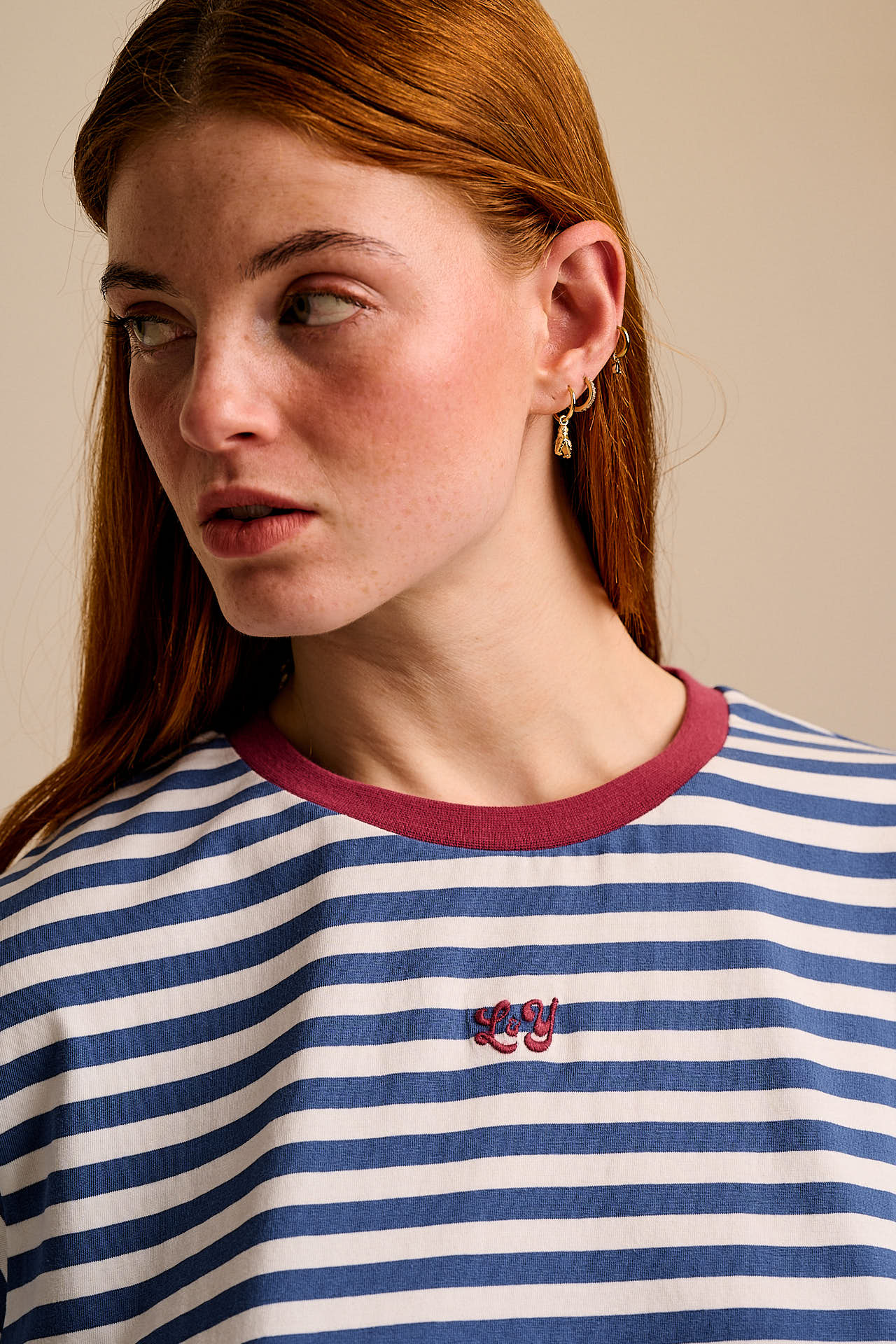 Zayla - Cotton Cropped Boxy T-Shirt in Navy & White Stripe