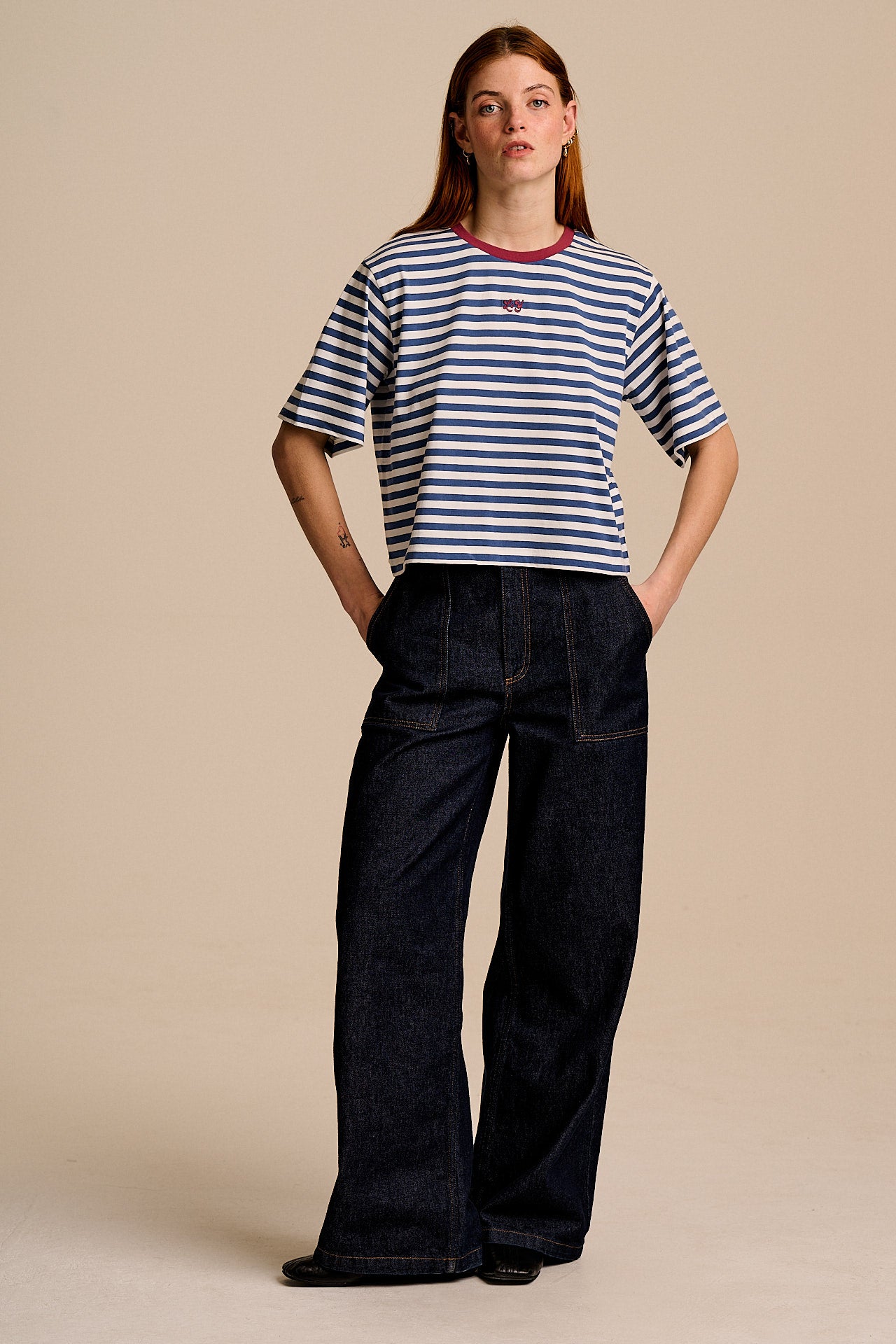 Zayla - Cotton Cropped Boxy T-Shirt in Navy & White Stripe