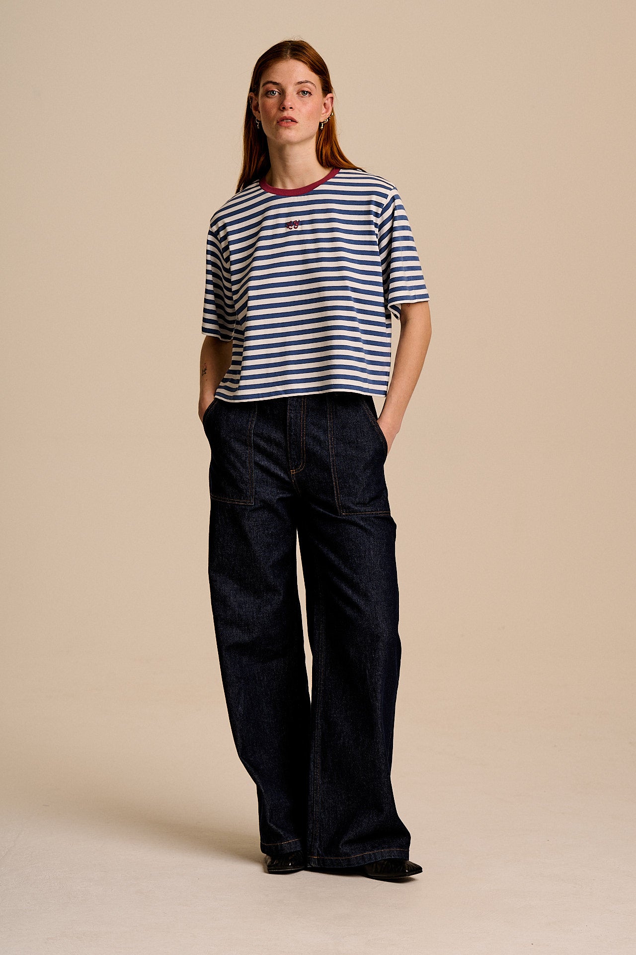 Zayla - Cotton Cropped Boxy T-Shirt in Navy & White Stripe