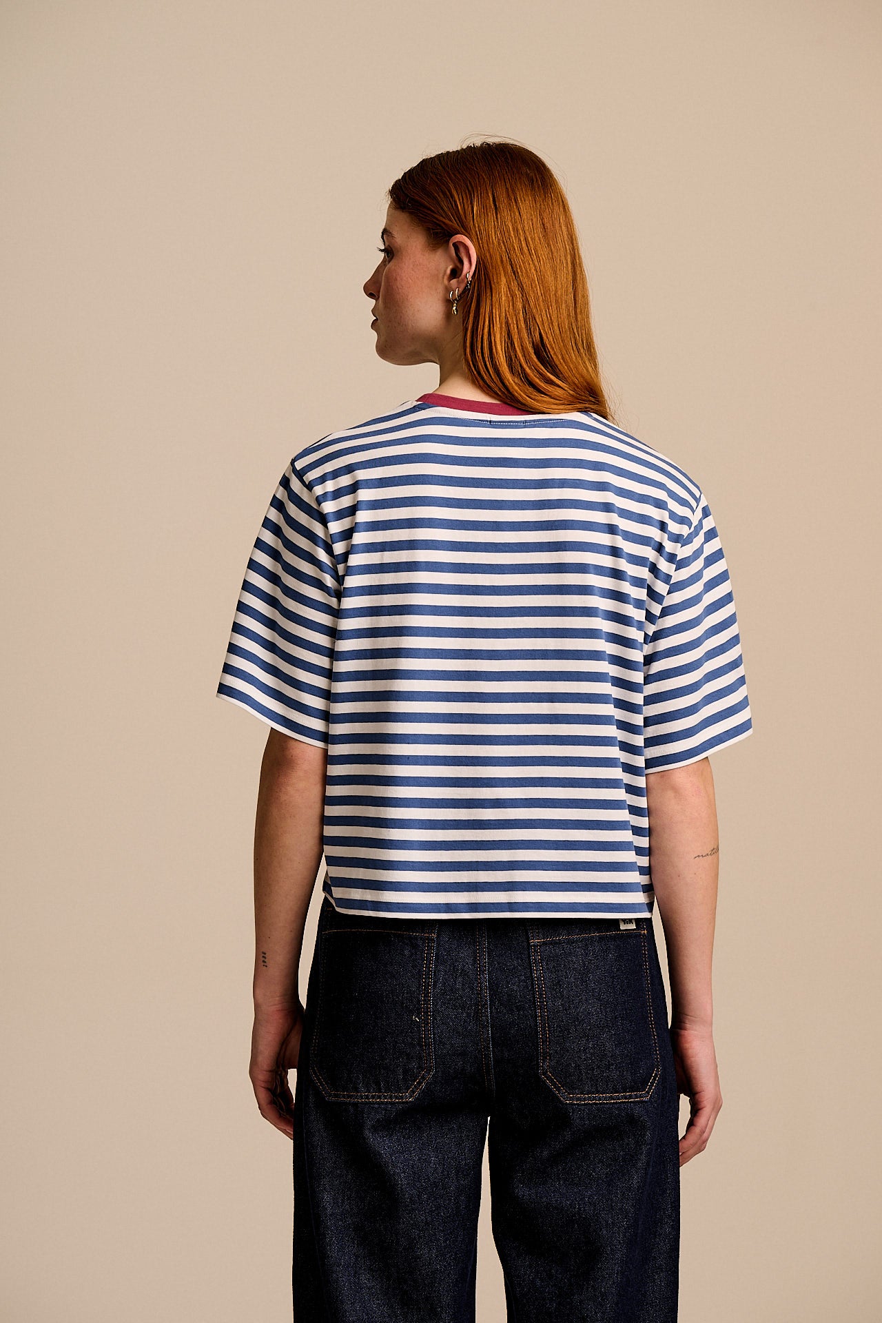 Zayla - Cotton Cropped Boxy T-Shirt in Navy & White Stripe