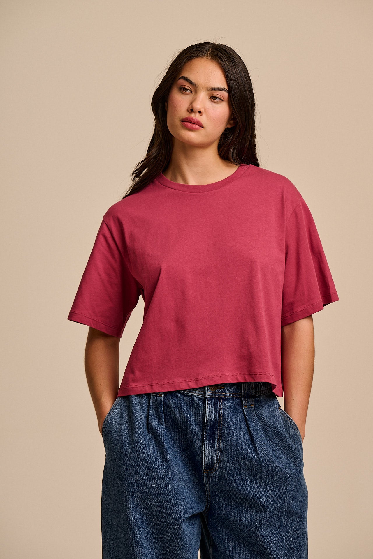 Zayla - Cotton Cropped Boxy T-Shirt in Maroon