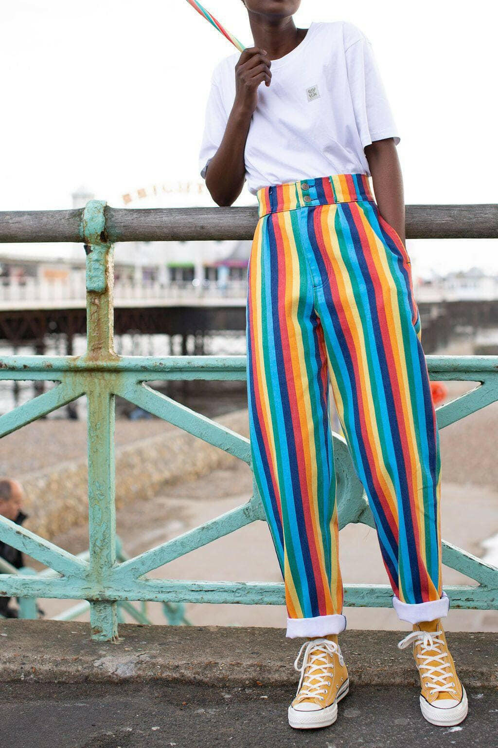 Lucy & Yak trousers 'Addison' High Waisted Organic Cotton Twill Trousers in Rainbow Stripe