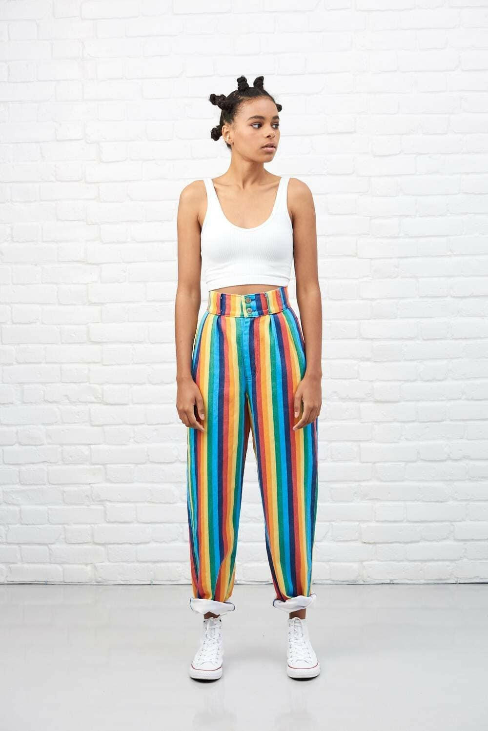 Lucy & Yak trousers 'Addison' High Waisted Organic Cotton Twill Trousers in Rainbow Stripe